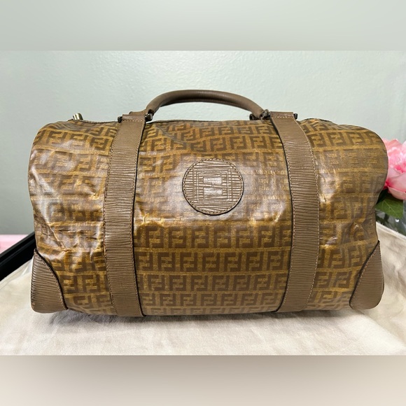 Fendi Brown Monogram Boston Bag with Leather Trim